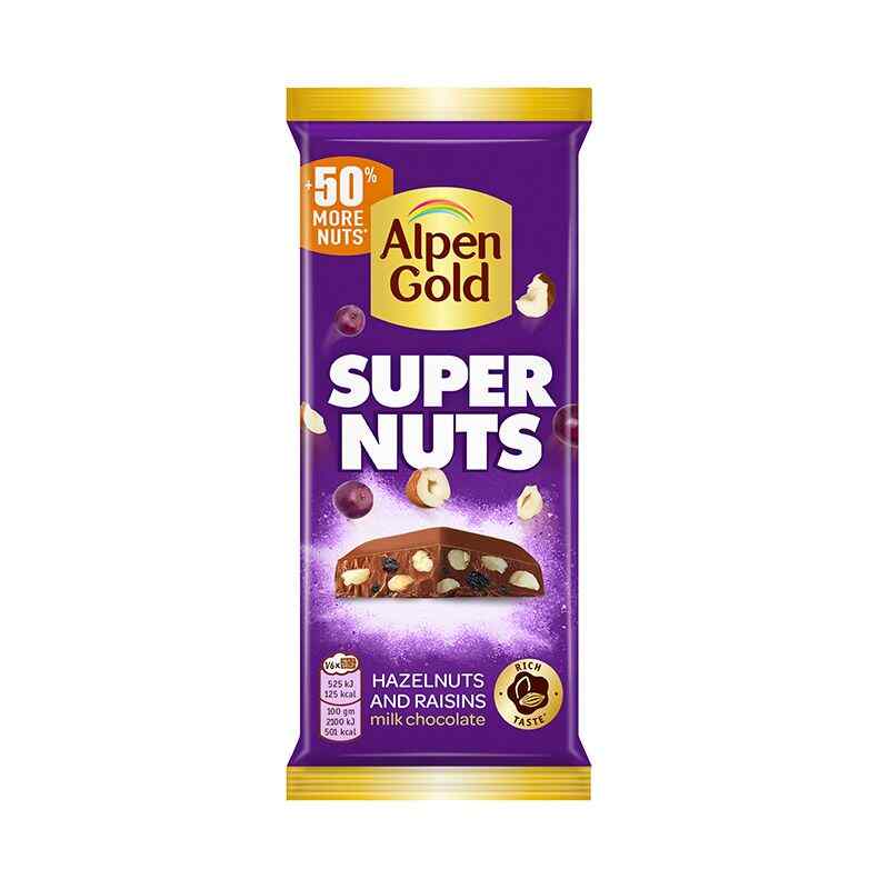 Milk Chocolate Bar Super Nuts with Hazelnuts and Raisins / Alpen Gold / 120g